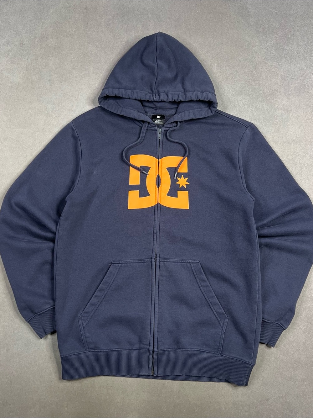DC Navy Zip-Up Hoodie with Orange Logo Y2K
